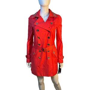 Sam Edelman Studded Collar Belted Button Down Trench Coat Hibiscus Sz Small Nwt